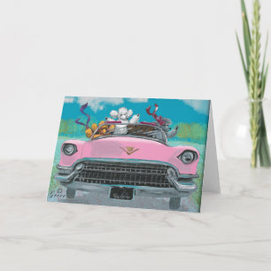 Poodjes in roze cadillac Retro-printkaart Kaart