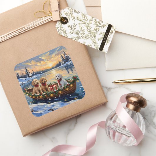 Poodle Christmas Boat Holiday Vierkante Sticker (Geschenken)