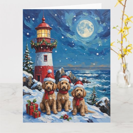 Poodle Christmas Lighthouse Holiday Kaart (Gele Bloem)