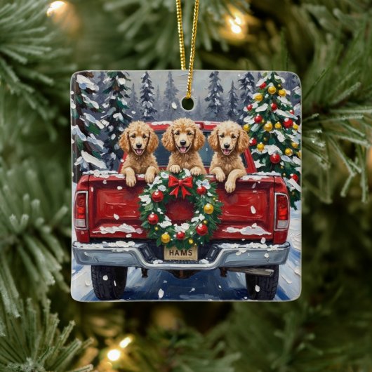 Poodle Christmas Red Truck Holiday Keramisch Ornament (Boom)