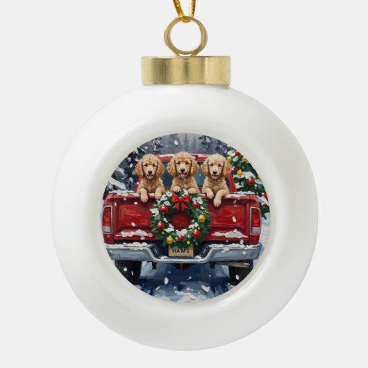 Poodle Christmas Red Truck Holiday Keramische Bal Ornament (Voorkant)