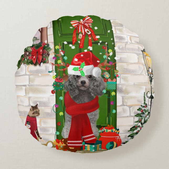 Poodle Christmas Rond Kussen (Voorkant)