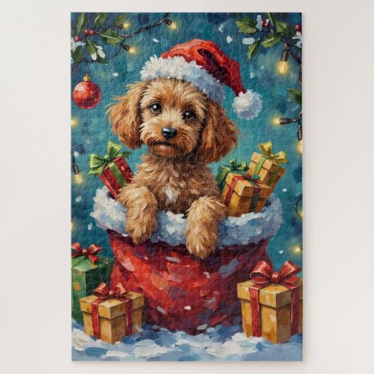 Poodle Christmas Santa Bag Adventure Legpuzzel (Verticaal)