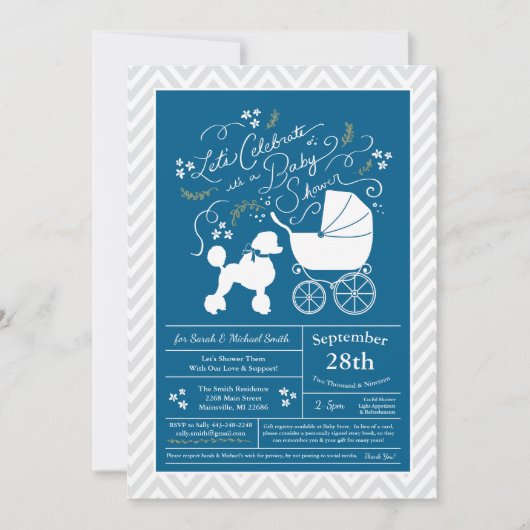 Poodle Dog Baby shower Frans Blauw voor Jongen Kaart (Voorkant)