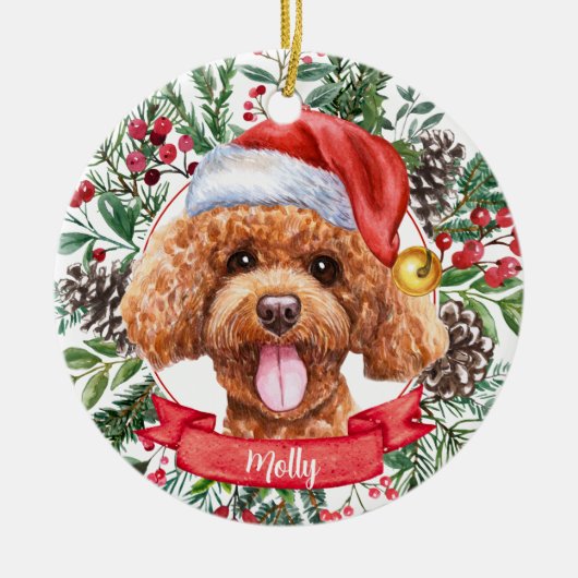Poodle Dog Custom Santa Hat Kerstversiering Keramisch Ornament (Voorkant)