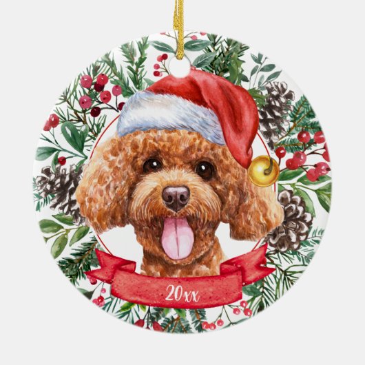 Poodle Dog Custom Santa Hat Kerstversiering Keramisch Ornament (Achterkant)