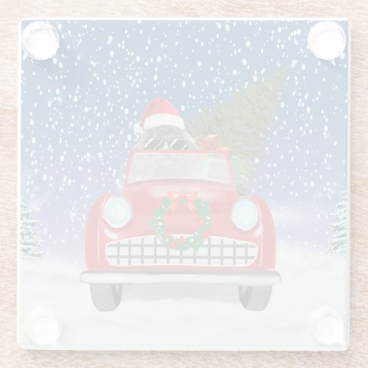 Poodle Dog Driving Car in Sneeuwkerst Glazen Onderzetter (Achterkant)