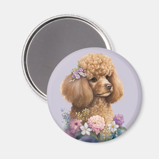 Poodle Dog Floral Paars Girly Cute Waterverf Magneet (Voorkant / Achterkant)
