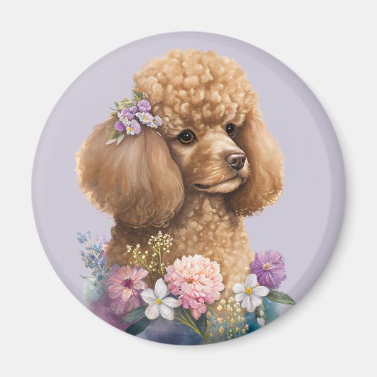 Poodle Dog Floral Paars Girly Cute Waterverf Magneet (Voorkant)