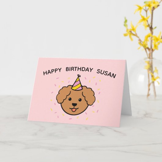 Poodle Dog | Gevouwen roze en gele verjaardag Kaart (Gele Bloem)
