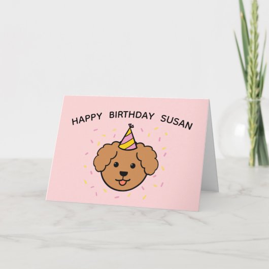 Poodle Dog | Gevouwen roze en gele verjaardag Kaart (Voorkant)