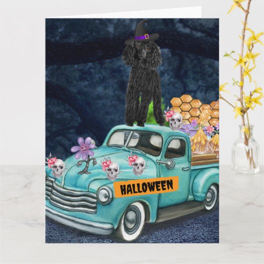 Poodle Dog Halloween Truck Scary Night Kaart (Gele Bloem)