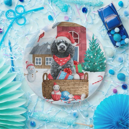 Poodle Dog in sneeuwkerstmis Papieren Bordje (Feest)