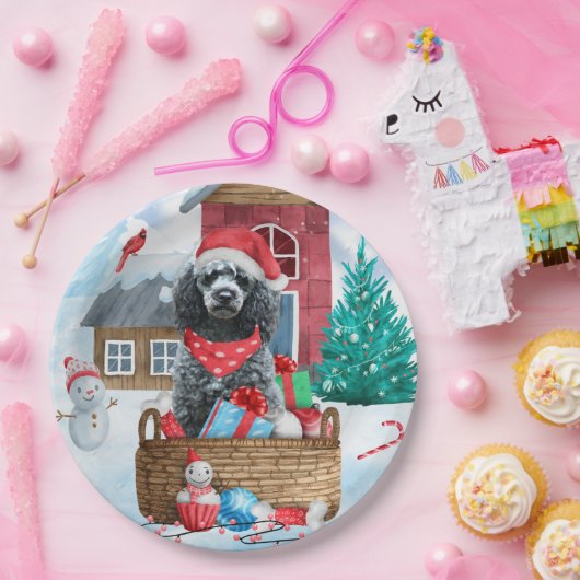 Poodle Dog in sneeuwkerstmis Papieren Bordje (Feest)