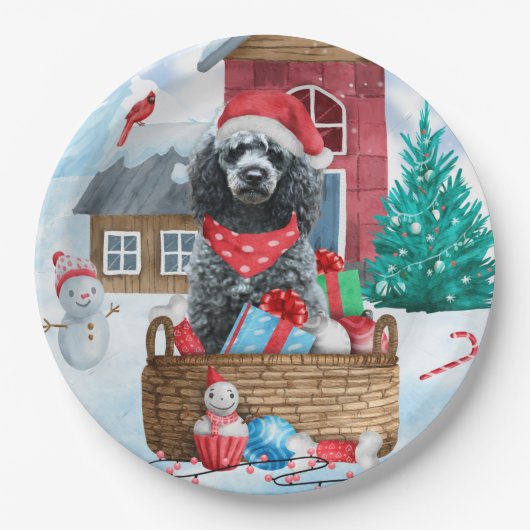 Poodle Dog in sneeuwkerstmis Papieren Bordje (Voorkant)