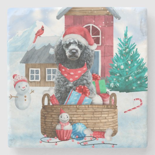 Poodle Dog in sneeuwkerstmis Stenen Onderzetter (Voorkant)