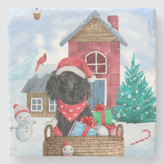 Poodle Dog in sneeuwkerstmis Stenen Onderzetter (Voorkant)