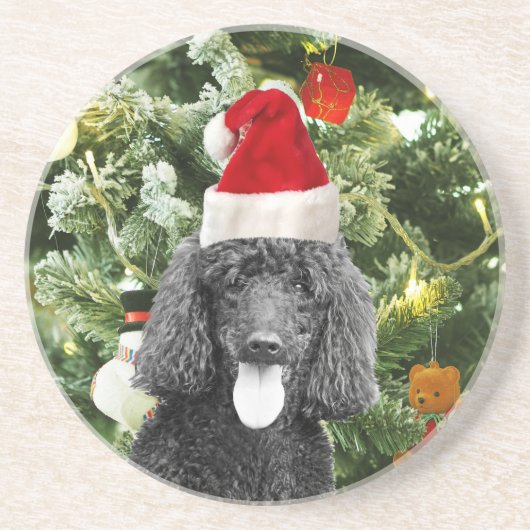 Poodle Dog kerstboom Snowman Red Santa Hat Zandsteen Onderzetter (Voorkant)