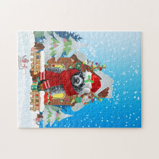 Poodle dog met kerstcadeaus legpuzzel (Horizontaal)