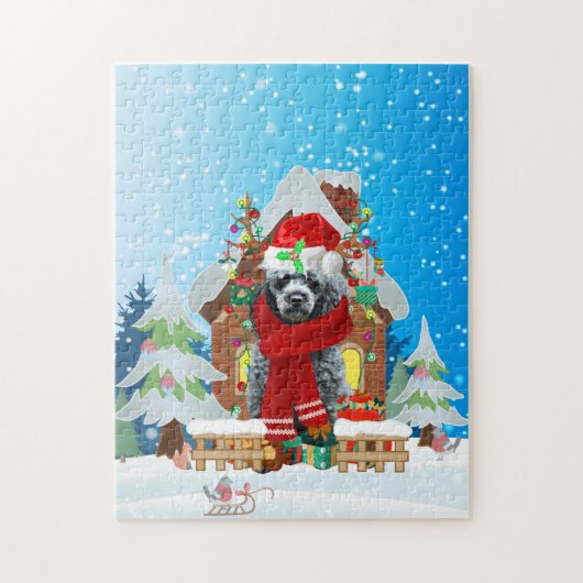 Poodle dog met kerstcadeaus legpuzzel (Verticaal)