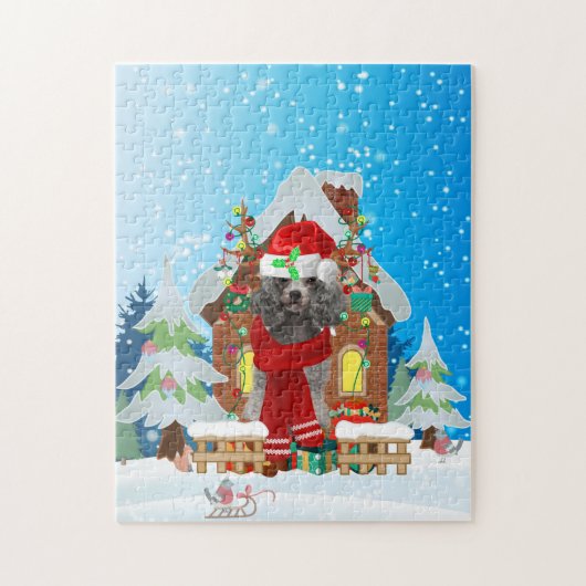 Poodle dog met kerstcadeaus legpuzzel (Verticaal)