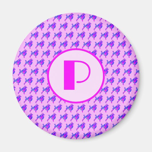 Poodle Dog Pink & Blue Silhouette Monogram Magneet (Voorkant)