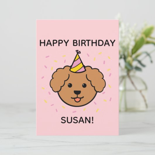 Poodle Dog | Roze en geel vogelflatje Kaart (Staand voorkant)