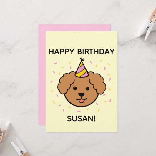 Poodle Dog | Roze en geel vogelflatje Kaart (Voorkant / Achterkant in situ)
