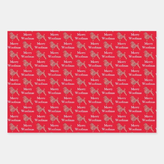 Poodle Dog Schattige Silhouet Rood Merry Woofmas Inpakpapier Vel (Voorkant)