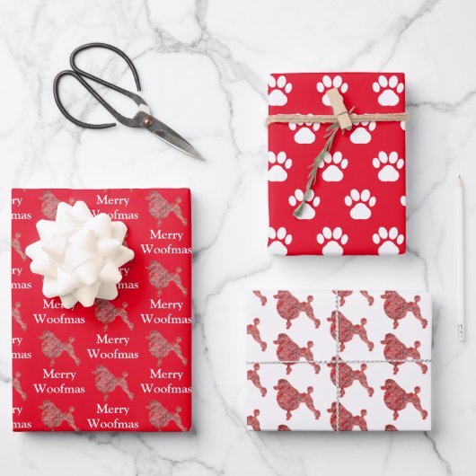 Poodle Dog Schattige Silhouet Rood Merry Woofmas Inpakpapier Vel (Voorkant)