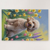 Poodle Dog Spring Bloemen Schilderij Legpuzzel (Horizontaal)