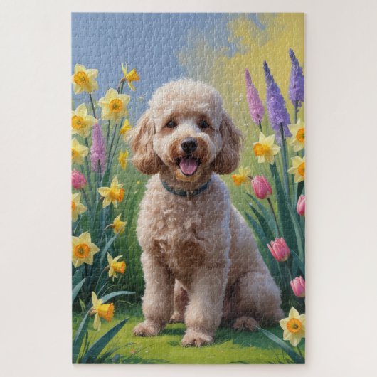 Poodle Dog Spring Bloemen Schilderij Legpuzzel (Verticaal)
