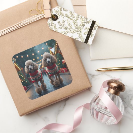 Poodle Dogs Christmas Snow Holiday  Vierkante Sticker (Geschenken)