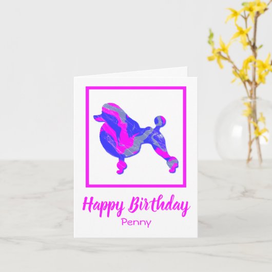 Poodle French Pink & Blue Silhouette Dog Funny Kaart (Gele Bloem)