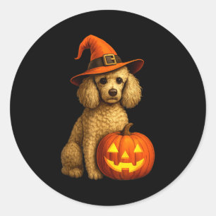 Poodle Halloween Pompoen Heksenhoed Hond Kunst Fam Ronde Sticker
