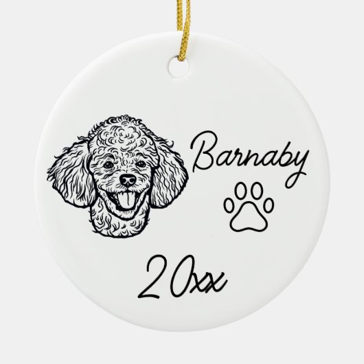 Poodle-hond eigen naam & jaar lijnkunst keramisch ornament (Voorkant)