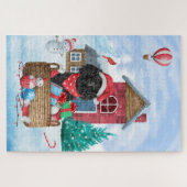 Poodle Hond In sneeuw Kerstmis Hondenhok Legpuzzel (Horizontaal)