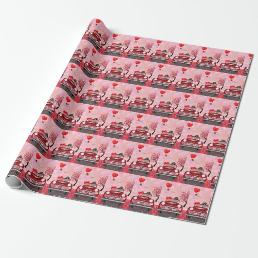 Poodle-hondauto met harten Valentijnsdag Cadeaupapier (Uitgerold)