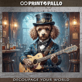 Poodle in elegante jurk die gitaar speelt -  tissuepapier