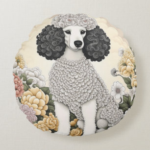 Poodle in Fantasiebloemen Rond Kussen