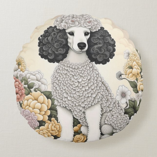 Poodle in Fantasiebloemen  Rond Kussen (Voorkant)