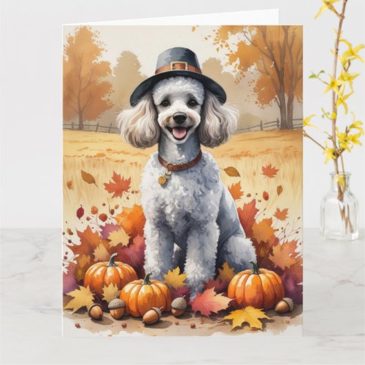 Poodle in herfstbladeren Thanksgiving kunst Kaart (Gele Bloem)