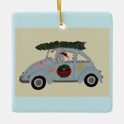 Poodle in Hippie-auto met Kerst Keramisch Ornament (Voorkant)