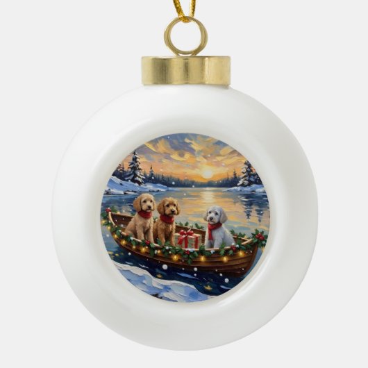 Poodle Kerstboot Vakantie Keramische Bal Ornament (Voorkant)