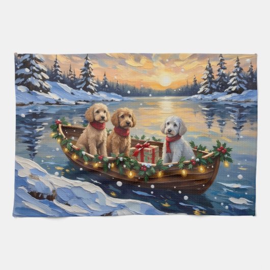Poodle Kerstboot Vakantie Theedoek (Horizontaal)