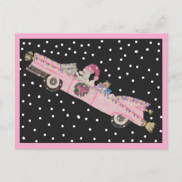 Poodle met Kerstmis in een roze cabriolet Briefkaart