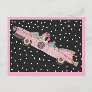 Poodle met Kerstmis in een roze cabriolet Briefkaart