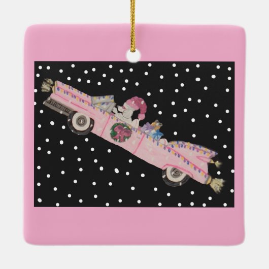 Poodle met Kerstmis in een roze cabriolet Keramisch Ornament (Achterkant)
