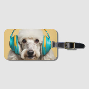 Poodle met koptelefoon bagagelabel