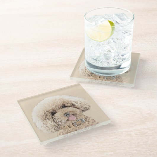 Poodle Miniature Speelgoed Abriot Cream Brown Dog  Glazen Onderzetter (Schuin)